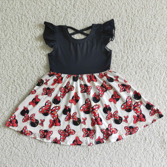 GSD0053 Girls black fly sleeve red bow dress