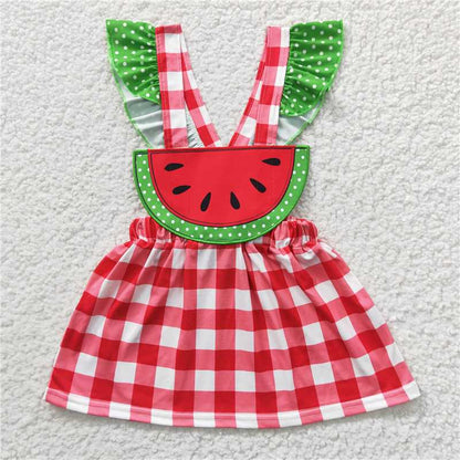 GSD0234 Girl's watermelon red Plaid suspenders dress