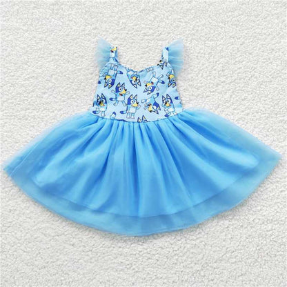 GSD0334 Girl's Net Yarn Flying Sleeve dress blue