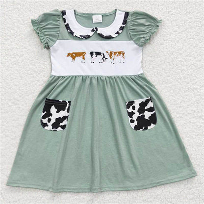 GSD0347 Girl's Embroidered Cow Green Pocket Short Sleeve Dress