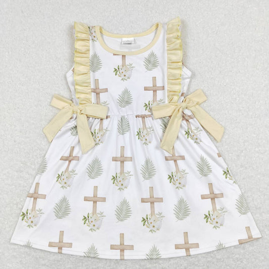GSD0571 cross flower leaves yellow lace bow white dress