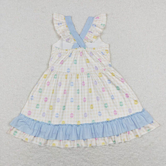 GSD0582 Easter egg yellow white plaid blue lace bow flying sleeve dress