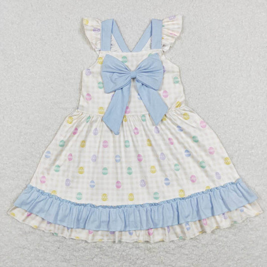 GSD0582 Easter egg yellow white plaid blue lace bow flying sleeve dress