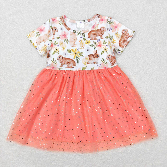 GSD0605 flower rabbit sequin orange-red gauze skirt short-sleeved dress