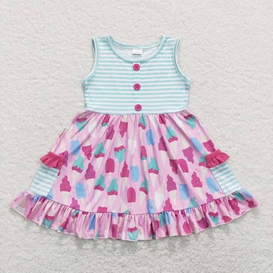GSD0699 Ice Cream Stripe Pocket Pink Sleeveless Dress