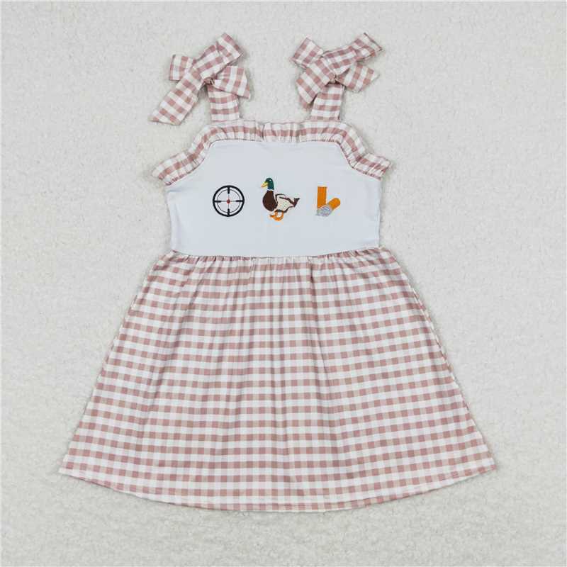 RTS GSD0817 Baby Girls Straps Knee Length Dresses Brown Checkered Duck Knee Length Gowns for Baby Girls