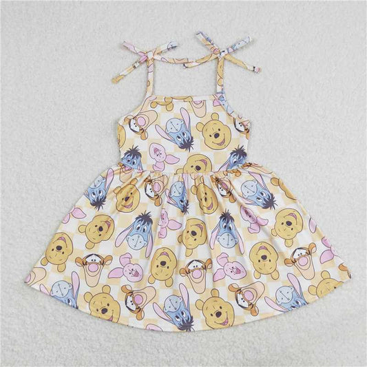 RTS GSD1019 Baby Girls Knee-Length Dresses with Straps Featuring Bear And Tiger Patterns