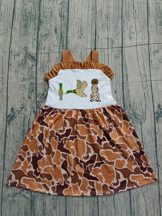 Sample GSD1518 Cute Embroidery Duck Dogs Camo Baby Girls Strap Hunting Knee Length Dress