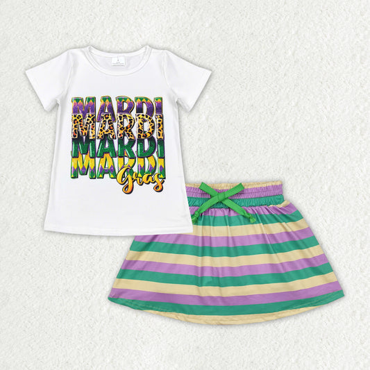 GT0442+GLK0037 Baby Girls Mardi Gras White Shirts Tops Skort Clothes Set