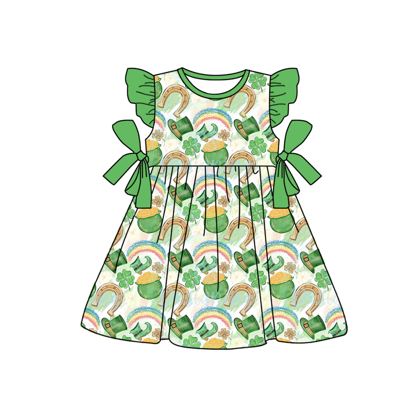 GSD1657 Baby Girls St Patrick Day Qautrefoil Bow Knee Length Dresses Preorder