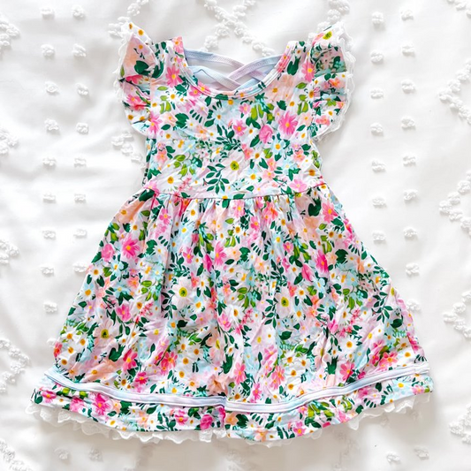 GSD1659 Baby Girls Green Pink Flowers Knee Length Dresses Preorder