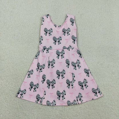 RTS GSD1853 Baby Girls Western Cow Print Bow Sleeveless Skort Knee Length Dresses