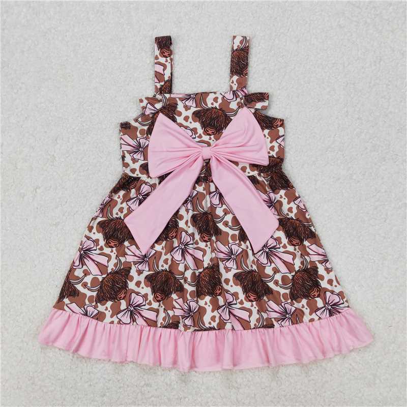 RTS GSD1945 Baby Girls Highland Cow Knee-Length Dress with Bow Ties Soft Cotton Toddler Girls Dress