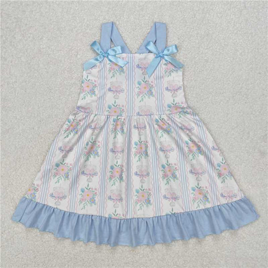RTS GSD1946 Baby Girls Knee-Length Dress with Floral Cake Design Straps And Bows for Special Occasions