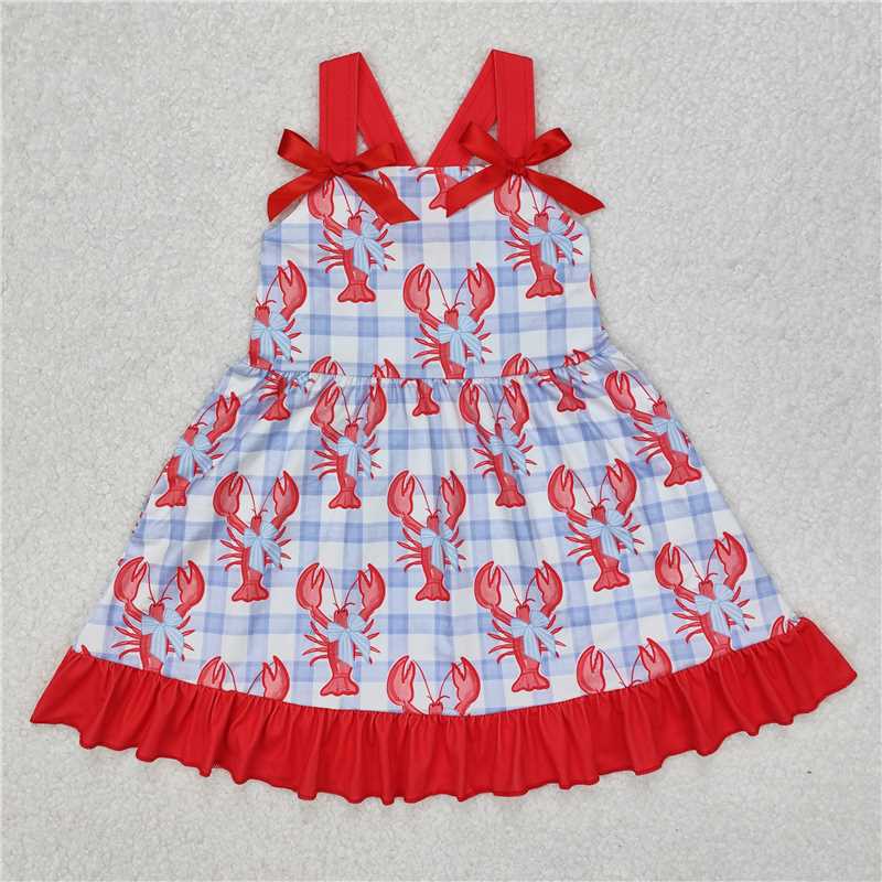 RTS GSD1968 Baby Girls Blue Checkered Dress with Crawfish Bow Ruffle Knee-Length Skirt for Toddlers Infant Clothing