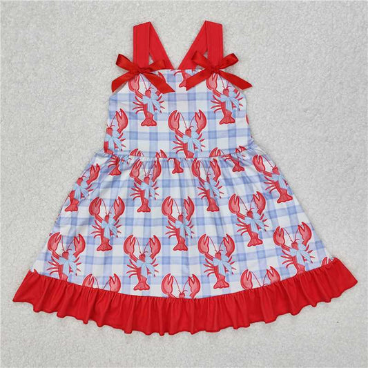 RTS GSD1968 Baby Girls Blue Checkered Dress with Crawfish Bow Ruffle Knee-Length Skirt for Toddlers Infant Clothing