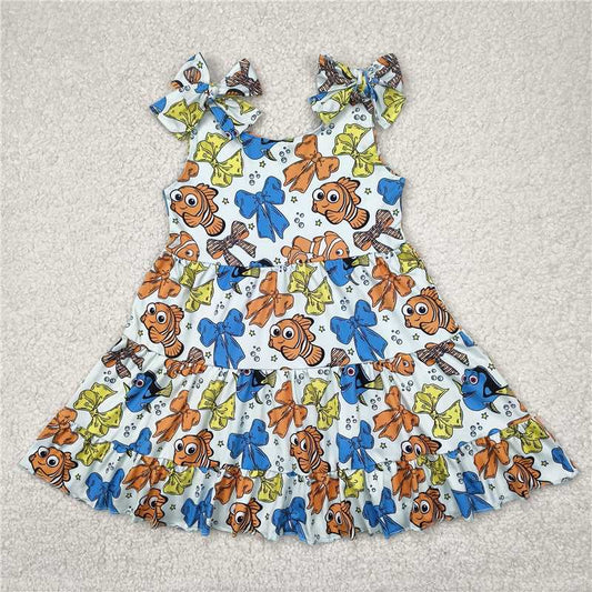 RTS GSD2462 Baby Girls Fishes Strap Knee Length Dresses with Colorful Bows Cute And Fashionable Kids Clothing