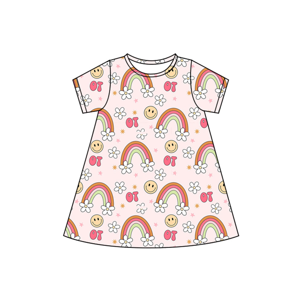 4.8 GSD2478 Baby Girls Pink Short Sleeves Smiles Rainbows Flowers Knee Length Dresses Preorder