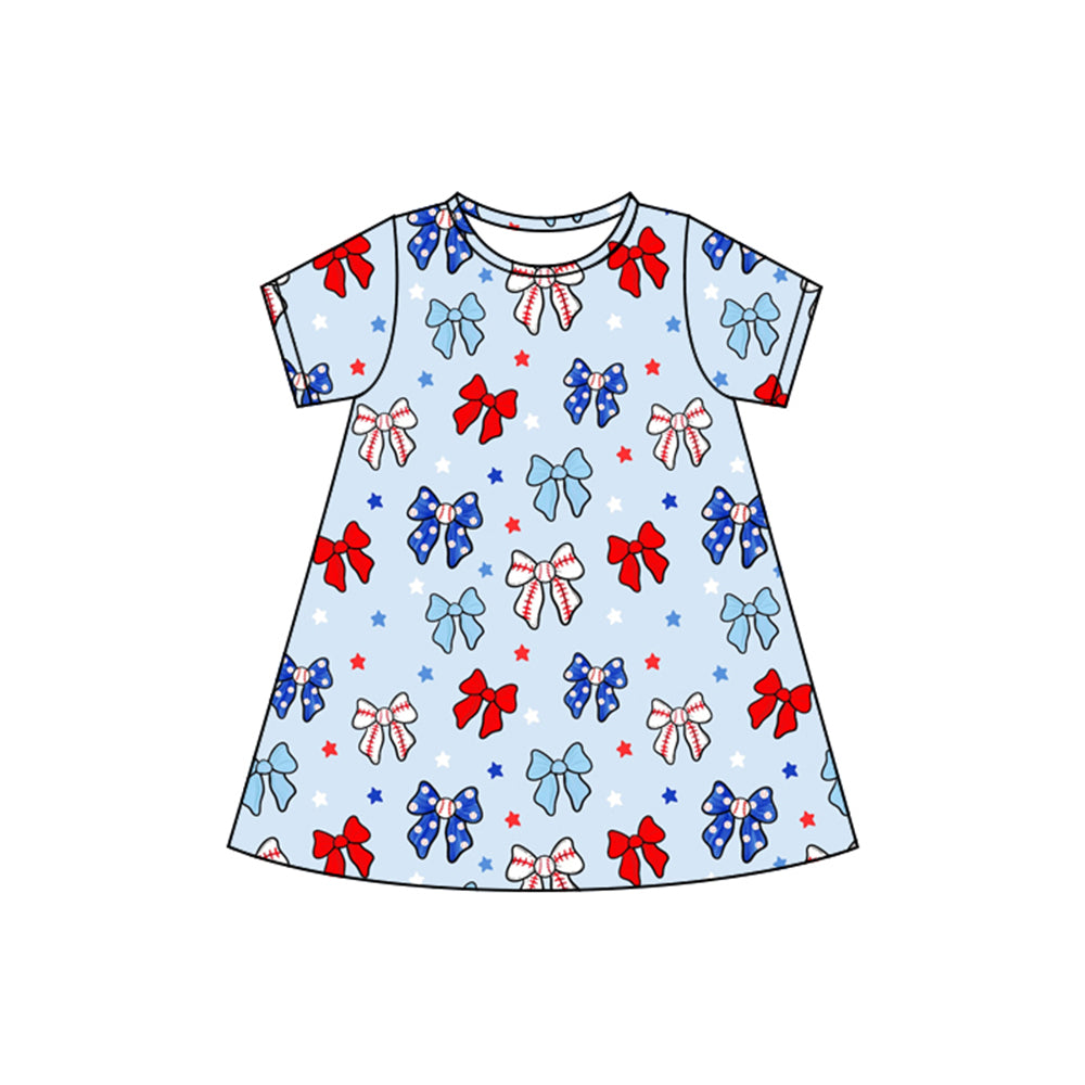 4.8 GSD2480 Baby Girls Short Sleeves Blue Red Bows Stars 4th Of July Knee Length Dresses Preorder