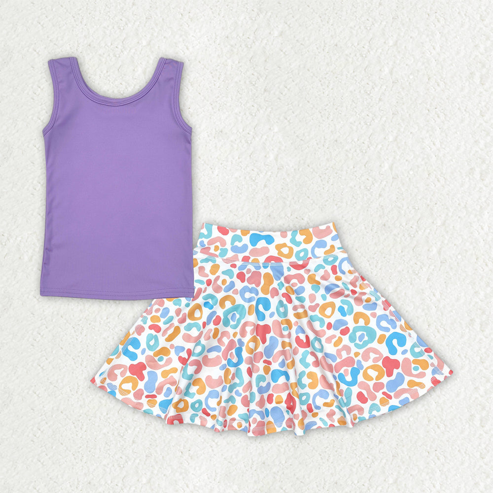 GT0990+GLK0026 Baby Girls Purple Sleeveless Yoga Vests Top Colorful Leopard Skorts Set 4.18