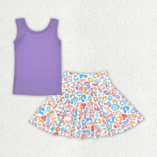 GT0990+GLK0026 Baby Girls Purple Sleeveless Yoga Vests Top Colorful Leopard Skorts Set 4.18