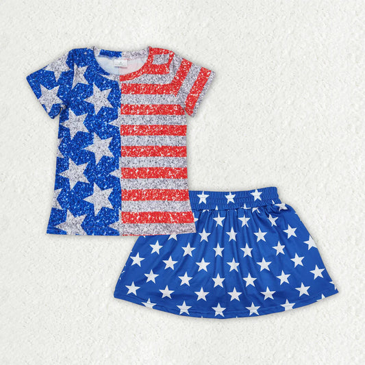 GT0584+GLK0051 Baby Girls 4th of July Stars Stripe Shirt Skorts Skirt Set 5.5