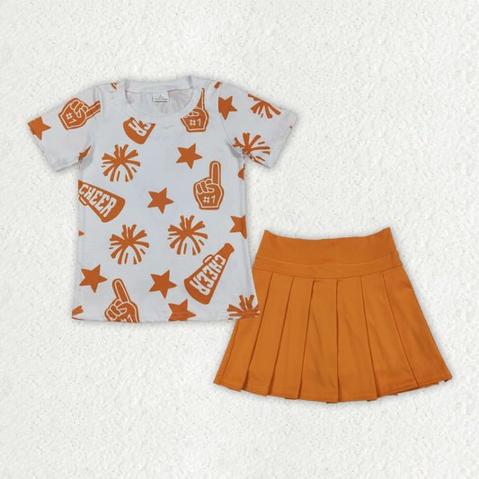 GT1090+GLK0109 Baby Girls Short Sleeves Orange Cheer Team Top Yoga Skorts Set 7.28