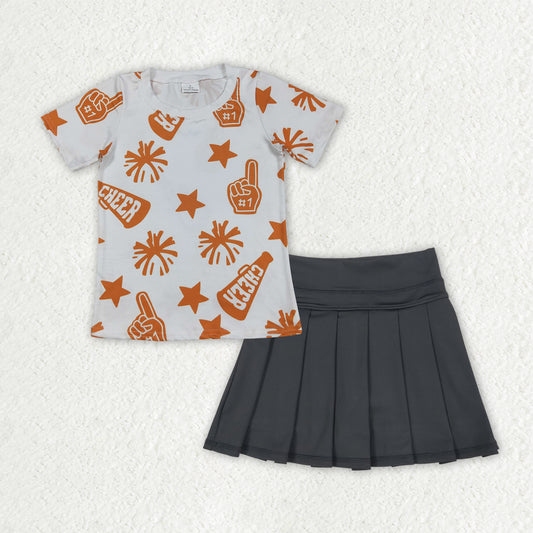 GT1090+GLK0087 Baby Girls Orange Cheer Top Black Yoga Skort Team Set