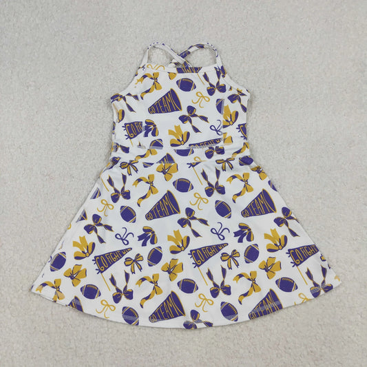 Sibling Baby Girls Purple Bows Footballs Team Shorts Yoga Clothes Set Knee Length Dresses C10.25