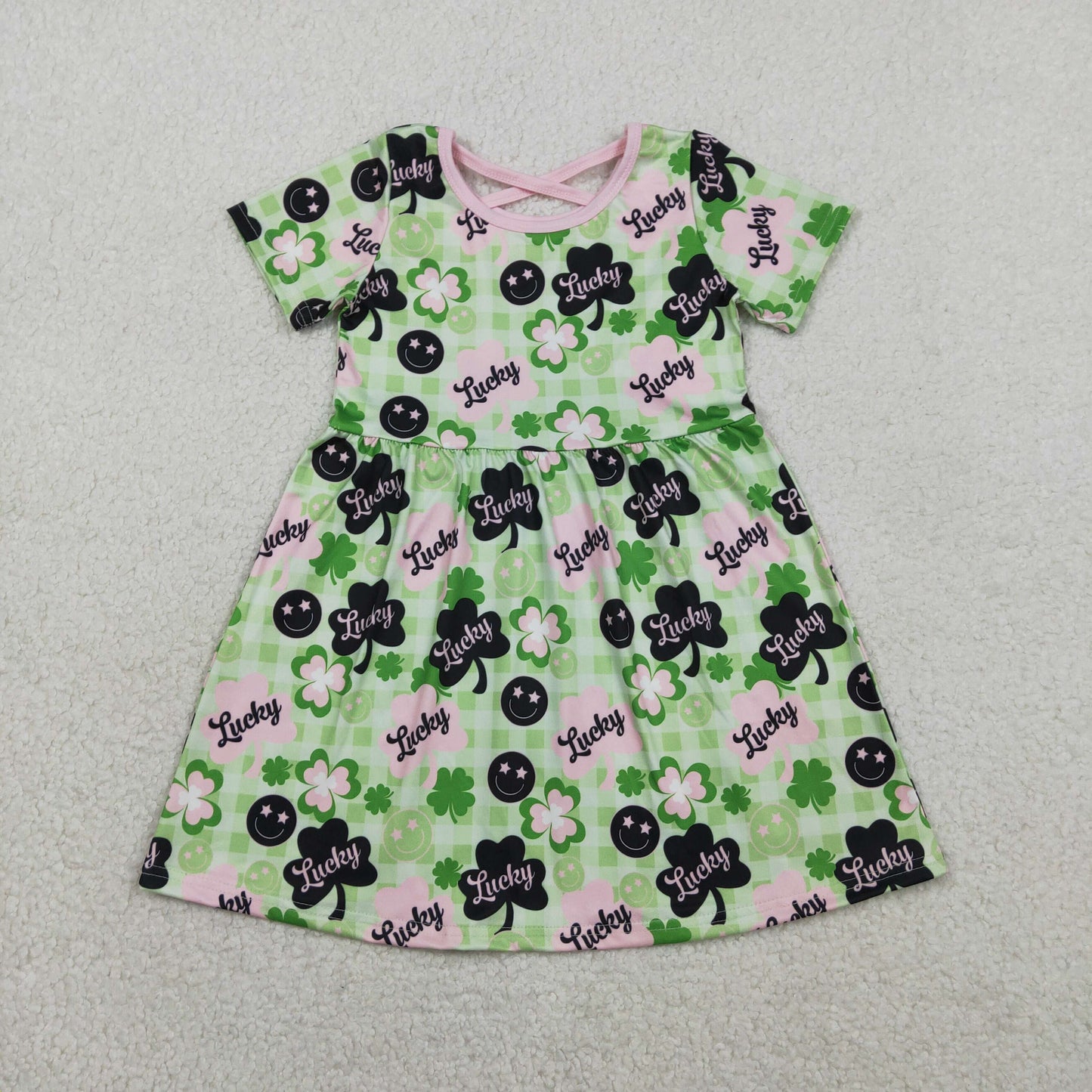 RTS GSD2840 Baby Girls Green Checked Clovers Lucky St Patrick Knee Length Dresses