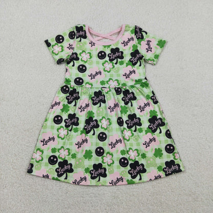 RTS GSD2840 Baby Girls Green Checked Clovers Lucky St Patrick Knee Length Dresses