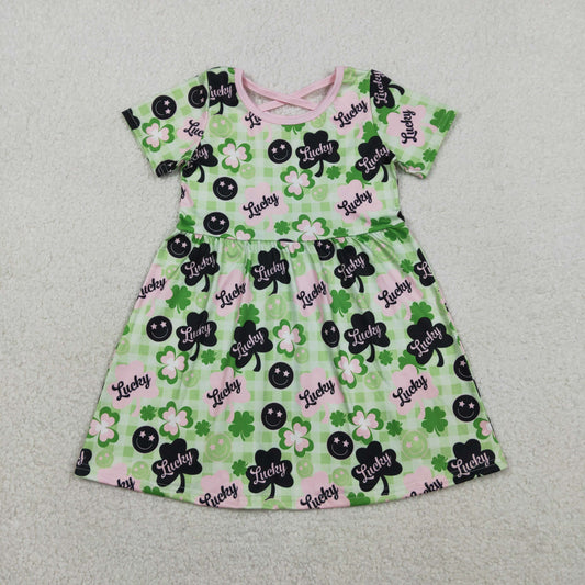 RTS GSD2840 Baby Girls Green Checked Clovers Lucky St Patrick Knee Length Dresses