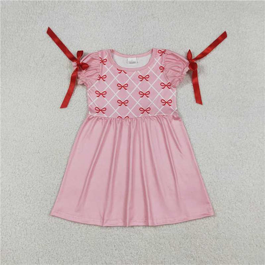 RTS GSD2883 Baby Girls Knee-Length Dress Short Sleeve Red Bows Checked Pattern Cute Feminine Fashion for Little Ones