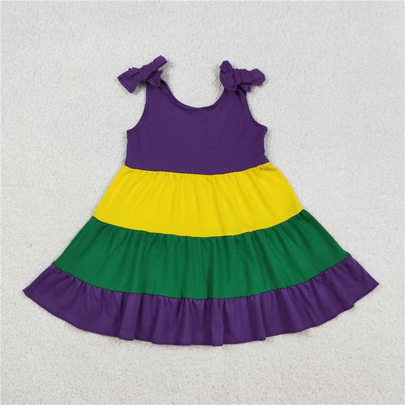 RTS GSD2888 Baby Girls Patchwork Ruffle Knee-Length Dress with Bows Strap Mardi Gras Theme