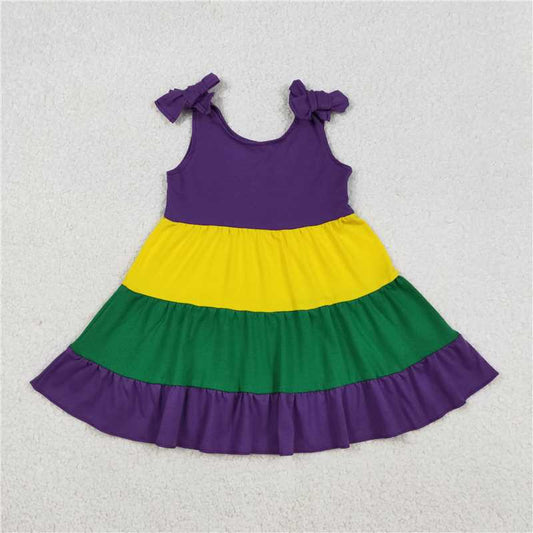 RTS GSD2888 Baby Girls Patchwork Ruffle Knee-Length Dress with Bows Strap Mardi Gras Theme