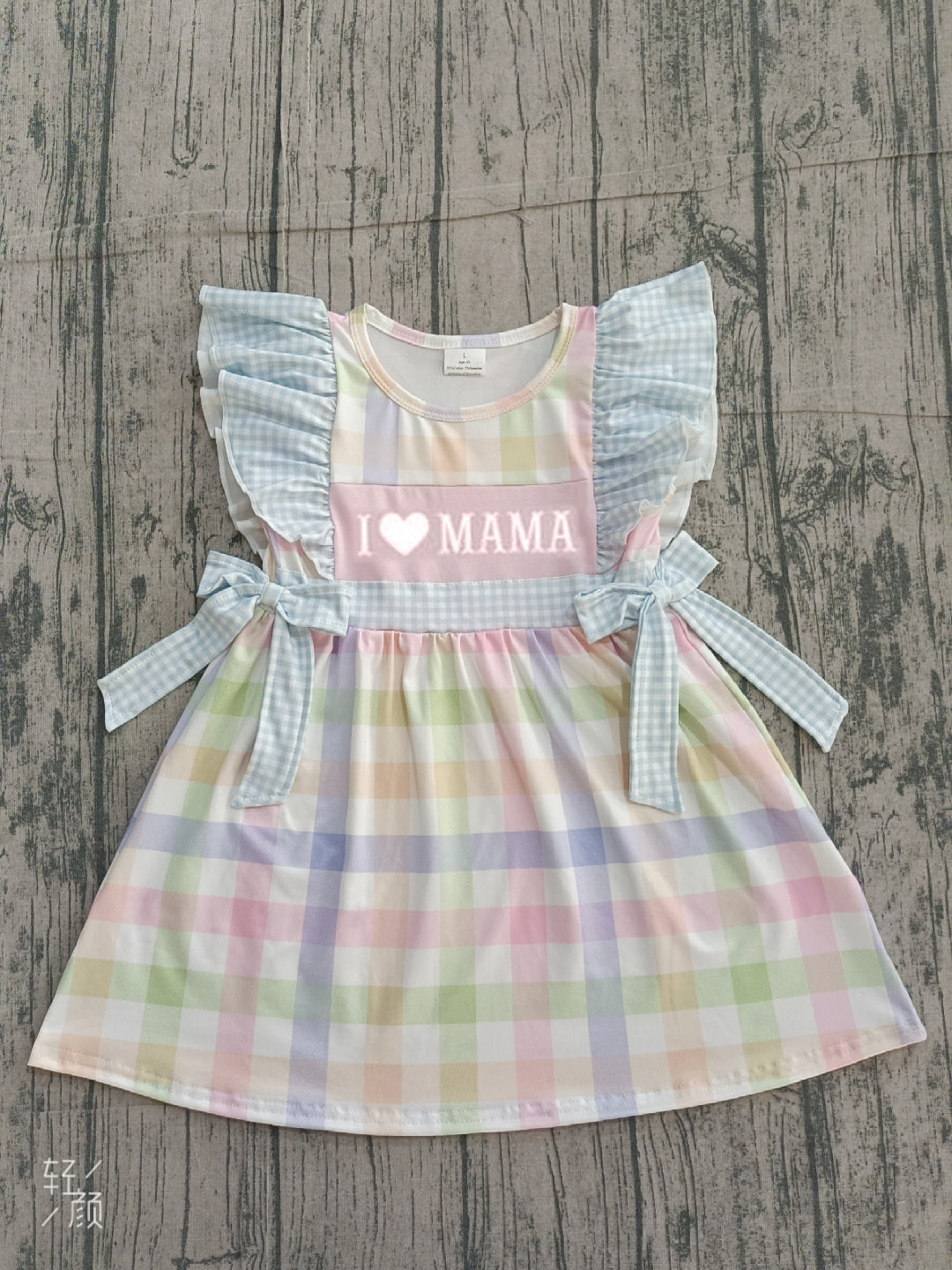 Sample GSD2940 Cute Embroidery I Love Mama Baby Girls Colorful Checked Knee Length Dress