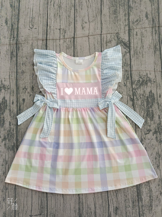 Sample GSD2940 Cute Embroidery I Love Mama Baby Girls Colorful Checked Knee Length Dress