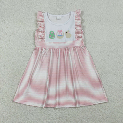 RTS GSD2957 Embroidery Rabbit Eggs Baby Girls Pink Stripe Easter Knee Length Dresses