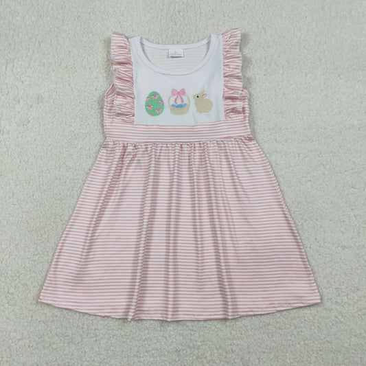 RTS GSD2957 Embroidery Rabbit Eggs Baby Girls Pink Stripe Easter Knee Length Dresses