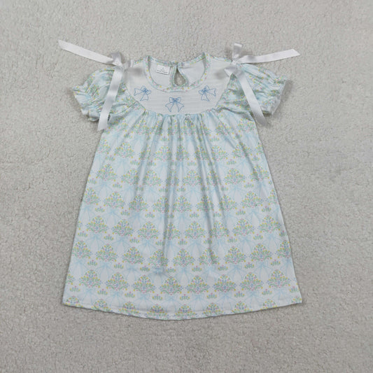 RTS GSD3046 Smocked Bows Baby Girls Flowers Short Ruffle Sleeve Knee Length Dresses