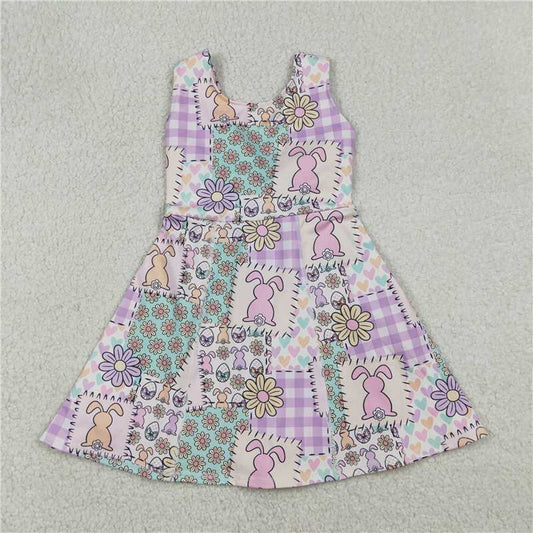 RTS GSD3051 Baby Girls Checked Easter Yoga Active Shorts with Rabbits And Flowers Print Knee Length Dress for Little Girls