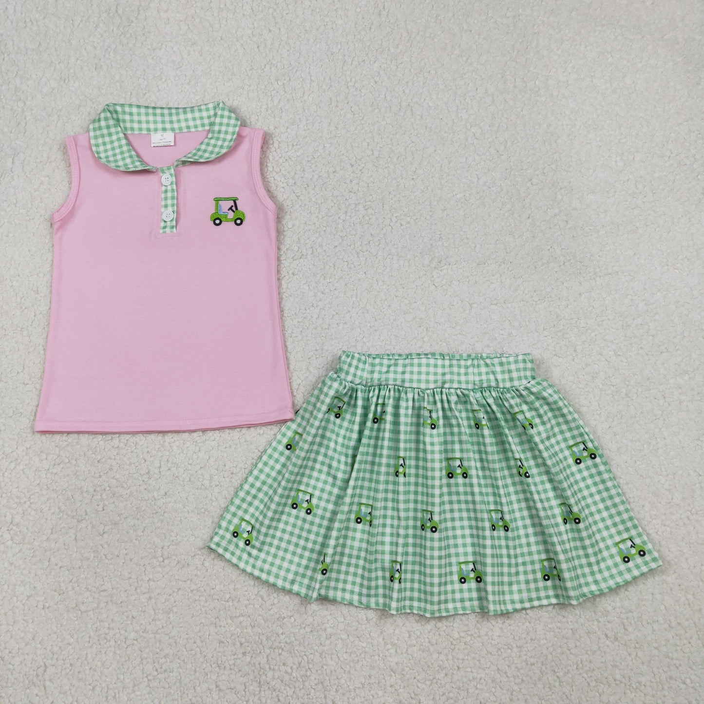 RTS GSD3120 Embroidery Golf Trucks Baby Girls Button Top Checked Skirt Shorts Clothes Sets
