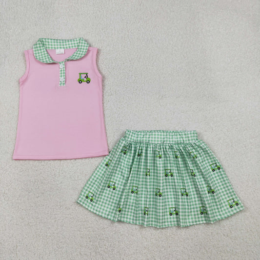 RTS GSD3120 Embroidery Golf Trucks Baby Girls Button Top Checked Skirt Shorts Clothes Sets
