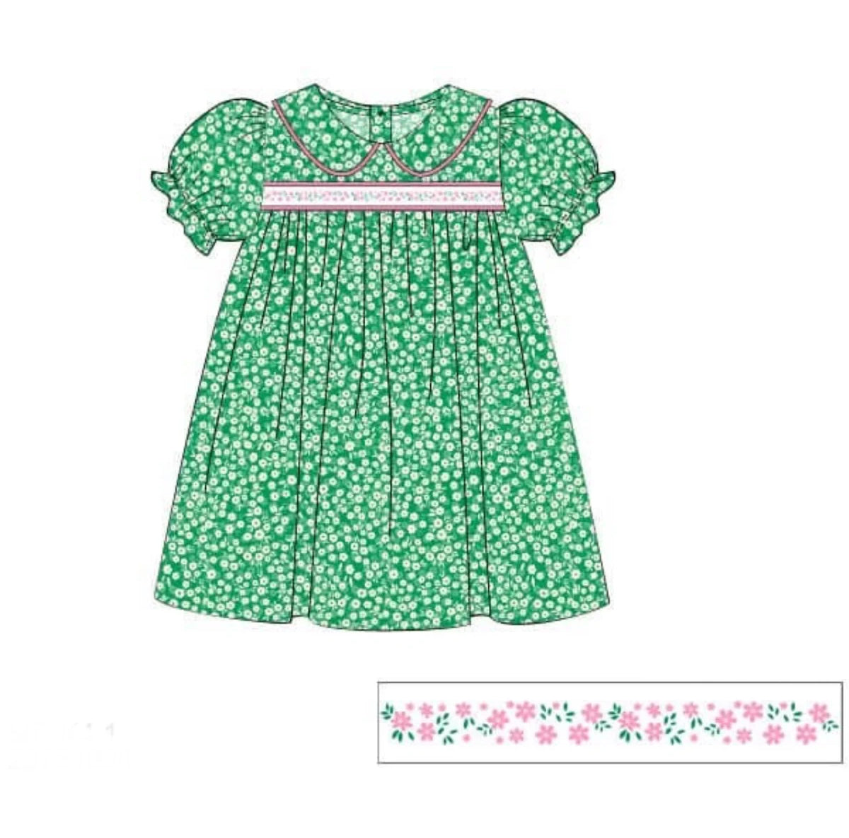 C11.17 GSD3124 Baby Girls Green Pink Floral Collar Knee Length Dresses Preorder