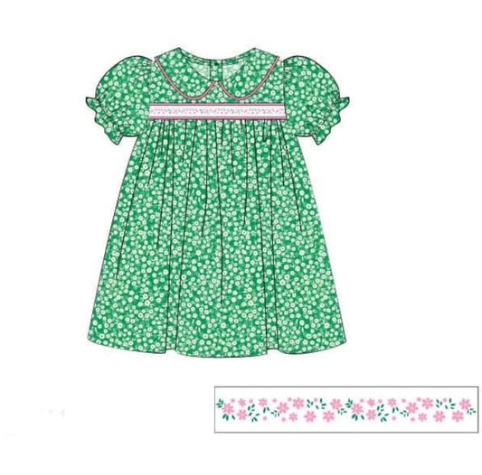 C11.17 GSD3124 Baby Girls Green Pink Floral Collar Knee Length Dresses Preorder