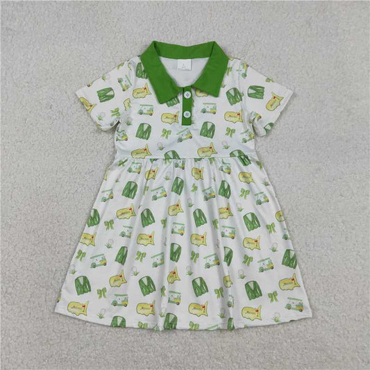 RTS GSD3141 Baby Girls Green Golf Trucks Button Knee-Length Dresses Infant Girls Clothing Set Button Detailing Cute Dress for Little Girls