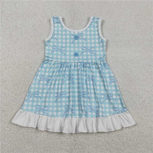 RTS GSD3144 Baby Girls Blue Checked Dress with Bows Sleeveless Ruffle Knee Length Casual Skirt for Toddlers And Kids