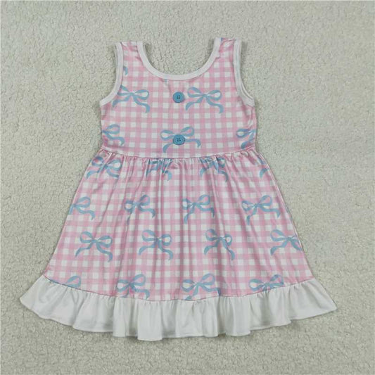 RTS GSD3145 Baby Girls Knee-Length Ruffle Dress Pink Checked Sleeveless Bows