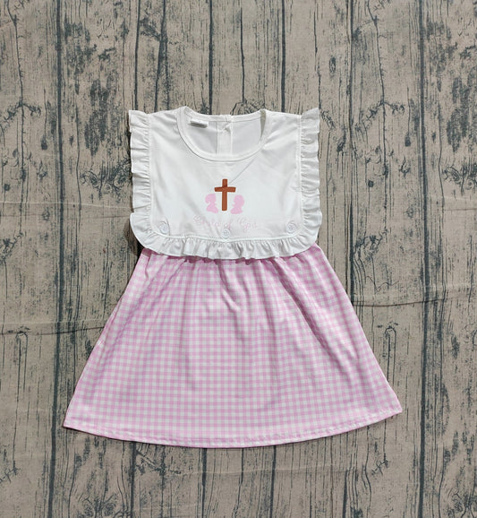 Sample GSD3201 Cute Baby Girls Sleeveless Cross Child of God Easter Checked Knee Length Dresses