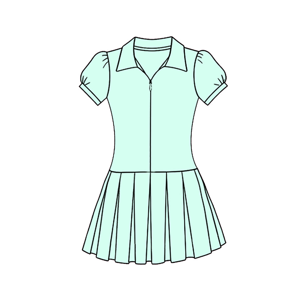 C11.22 GSD3208 Baby Girls Light Blue Short Sleeve Zipper Pleated Yoga Knee Length Dresses Preorder